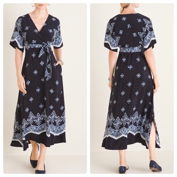 Chico's Dresses & Skirts - 𝅺new Chico’s Navy Blue Kimono Sleeves Batik Print Maxi Dress US 2